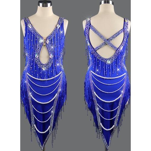 High Grade Latin Dance Dress Rhinestone Pearl Dress Fringe Outfits Stage Wear Perform Clothing Competition Latin Dress BL2536