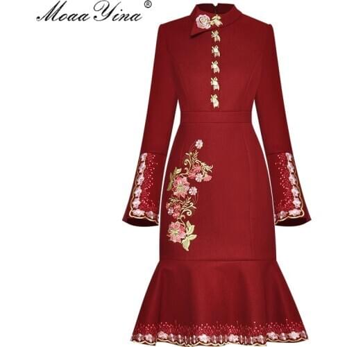 MoaaYina Fashion Designer dress Spring Autumn Womens Dress Stand collar Long sleeve Embroidery Keep warm Dresses