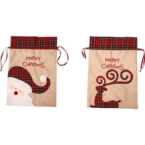 Christmas Candy Gift Big Bag Cute Christmas Linen Tote Bag Lattice Side Drawstring Pocket Gift For Children Kids