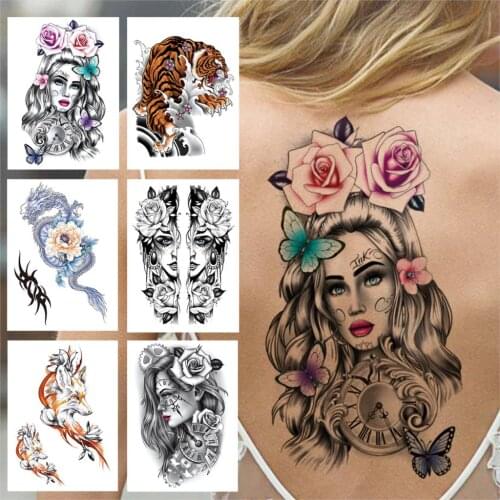 Sexy Lady Flower Compass Temporary Tattoo For Women Girls Adult Fake Dragon Bramble Tattoos Sticker Tiger Fox Body Art Tatoos