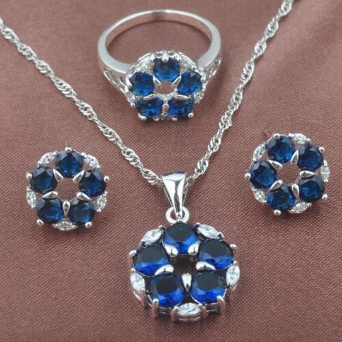 Outstanding Blue Zircon Womens Silver Color Jewelry Sets Necklace Pendant Earrings Ring TZ0384