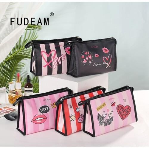FUDEAM Leather Love Heart Lip Portable Women Cosmetic Bag Travel Toiletries Storage Organize Portable Handbag Zipper Makeup Bag