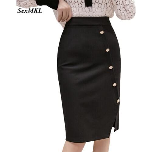 Women Button Black Office Skirts 2021 Korean Fashion Clothing Casual Bodycon Pencil Skirt High Waist Elegant Sexy Mujer Faldas