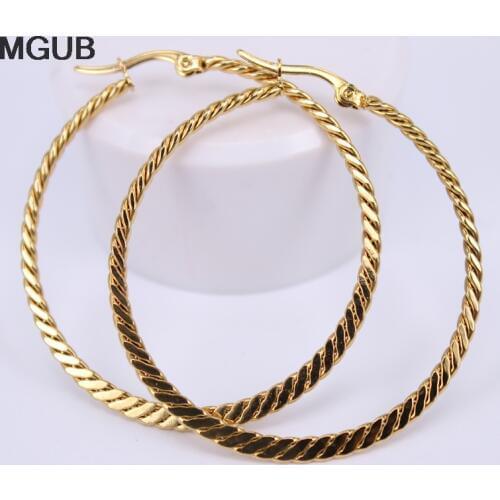 MGUB Stainless Steel Women Hoop Earrings Girls Fashion Earrings Gold Color Round Simple 2018 Hot Sale diameter 40mm-60mm LH569