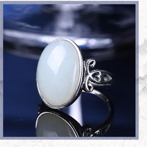 S925 Silver Inlaid White Jade Ring Large Egg Face Hetian Jade White Jade Sterling Silver Inlaid Female Ring