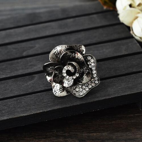 2017 Vintage Big Black Genuine Cubic Zircon Flower Finger Rings Adjustable Size Antique Silver Plated Brand Jewelry
