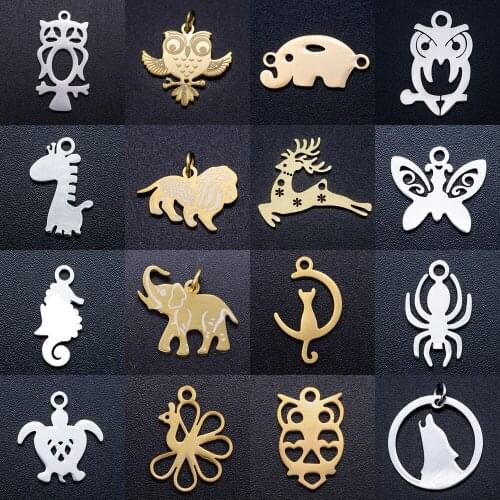 5pcs/lot Animal Turtle Seahorse DIY Charms Wholesale 100% Stainless Steel Night Owl Spider Butterfly Wolf Cat Connectors Charm