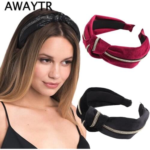 AWAYTR Gold Velvet Crystal Hairband Knotted Headband Bezel Turban Women Vintage Lady Girls Hair Accessories Headwear Head Hoop