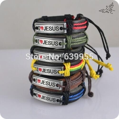 6pcs/lot MIX Color I Love JESUS Bracelets Leather Alloy ID Bracelet Fashion Catholic Christian Religious Jewelry