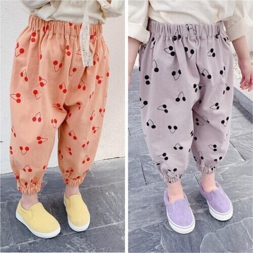 Baby Girl Pants Korean Casual Cherry Print Trousers For Girl Kids Pants Autumn New 2020 Child Elastic Waist Cotton Pants