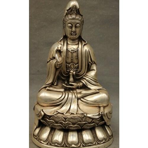 Fast shipping USPS to USA S1436 11" Chinese Silver Buddhism Kwan-Yin Goddess Brass Lotus Guan Yin Pot Statue