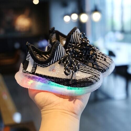 Kids Shoes Autumn Children Korean Style Shoes Lace-up Sneaker with LED Light Flower Breathable Anti-slip Lightweight