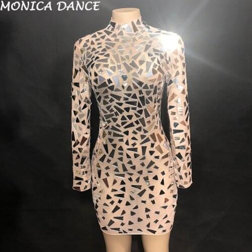 Women Sexy Stage See Through Mirrors Mesh Dress Sequins Big Stretch Costume Stage Dance Wear Evening Birthday Celebrate Dress