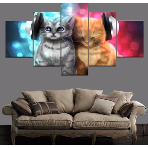 5 Pieces Wall Art Canvas Painting Cat Music Animal Poster Modern Home Living Room Framework Pictures Modular Decoration