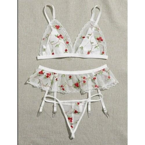 3PCS Bra Lace Embroidery Bow Tie Sleepwear Underwear Lingerie Flower Lace Pizama Damska Pijama Feminino Pyjamas Women Sleep Tops