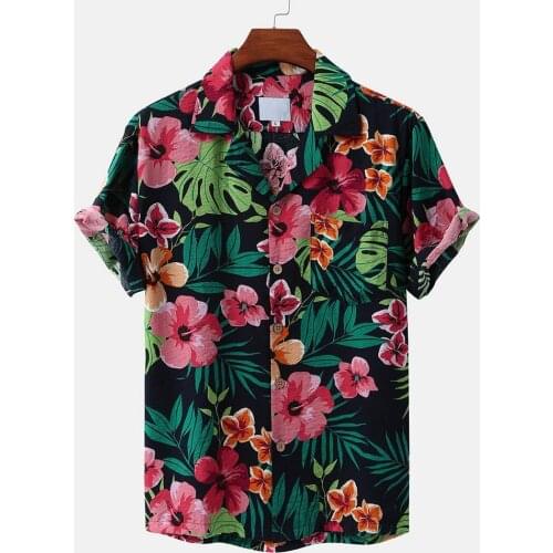 Summer Hawaiian Flower Print Shirts Turn Down Collar Shirts Floral Men Tops Casual Loose Short Sleeve Button Shirts Chemise