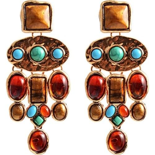 Fashion Bohemian Ethnic Colorful Stone Drop Earrings for Women Exaggerated ZA Statement Golden Pendant Earring Jewelry Bijoux