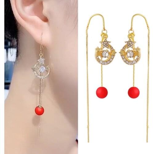 Fashion Korean New star moon ear line female Korean temperament net red long pearl Tassel Earrings super fairy face thin Earring