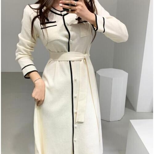 New 2020 Autumn Winter Women Dresses Lace Up Pockets Buttons Warm Knitting Elegant Vintage Ladies Long Dresses CL557