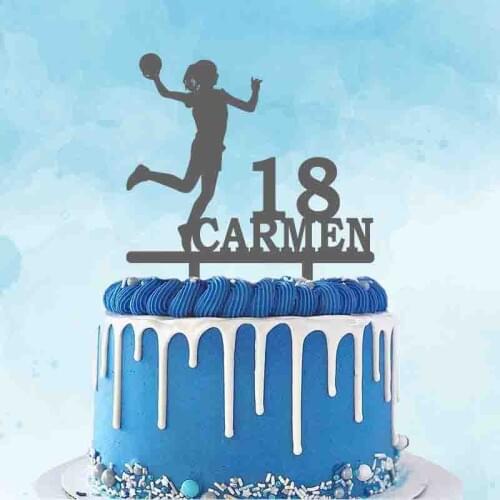 Personalized Handball Cake Topper Custom Name Age Woman Playing Handball Silhouette Topper For Birthday Cake Decoration YC256