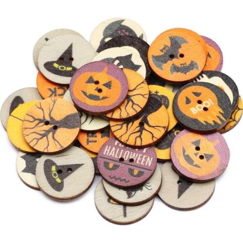 50pcs Natural Wooden Circular Halloween Pattern Buttons 25mm Childrens Clothing Decoration Scrapbook DIY Handmade Accessories