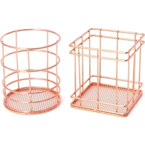 Rose Gold Metal Pen Holder Box Case Desk Stationery Office School Desk Supplies 831D