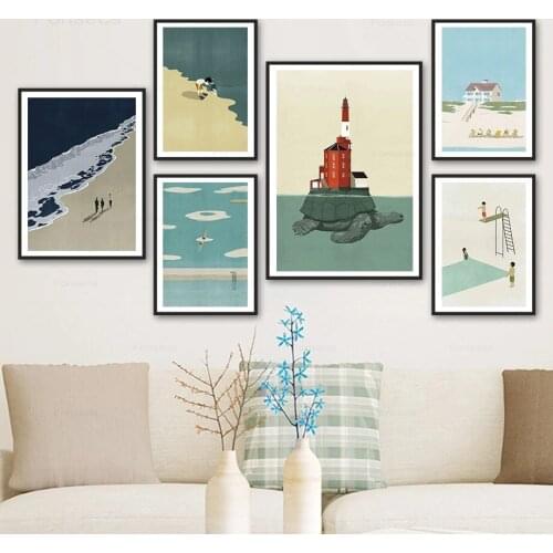 Nordic Cartoon Seascape Poster Beach Waves Sea Turtle House Child Art Canvas Painting Wall Pictures for Living Room Decoration