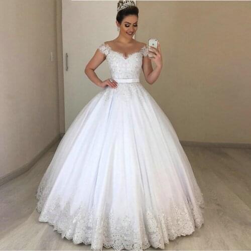 Short Sleeves Lace A LIne Wedding Dress Nude Tulle Vintage Appliques Bridal Gowns Plus Size Puffy Tulle Robe De Mariee 2021 W375