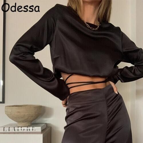 Odessa O Neck Long Sleeve Sexy Satin Crop Tops Women Y2K Casual Lace Up Tees Ladies Fashion Bandage T Shirts Spring Summer 2021