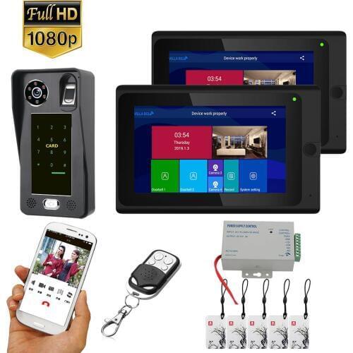 7 inch 2 Monitors Wifi Wireless Fingerprint IC Card Video Door Phone Doorbell Intercom System with Wired AHD 1080P Door Acce