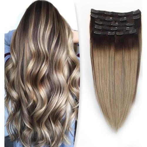 High Grade 100g Balayage Ombre Color Straight Natural Extension Hair With Clip Double Drawn Clip Hair