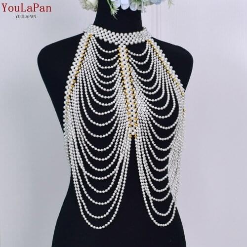 YouLaPan G48 2021 Sexy Punk Metal Statement Pearl Necklaces Top Body Chain for Women Jewelry Lingerie Party Accessories