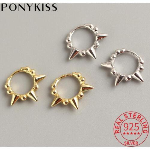 PONYKISS S925 Sterling Silver Round Bead Rivet Hoop Earrings Fashion Punk Unisex Earrings Accessory Girl Street style Earrings