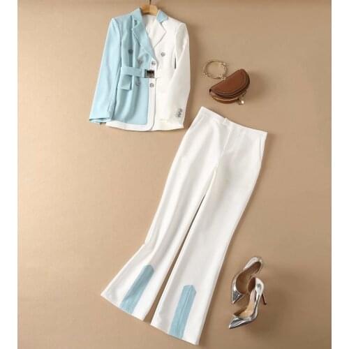 High Quality Blazer Sets 2021 Autumn Winter Pant Suits & Sets Women Color Block Patchwork Beading Button Blazer Coats+Long Pant