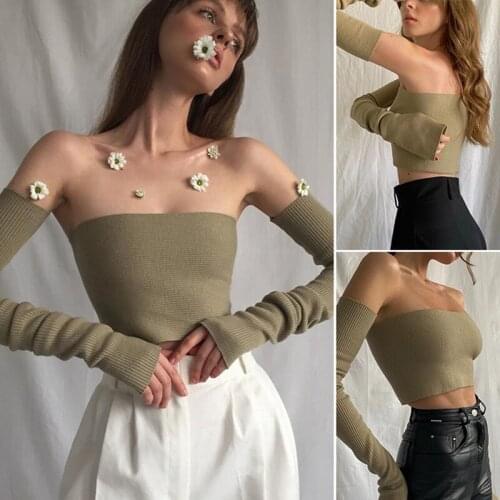 Womens Vest Short Tops Slim One-Line Strapless Chest Wrap Sleeve Set T-Shirt Green