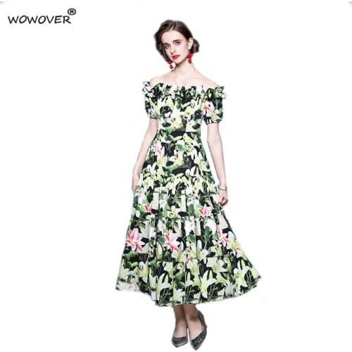 Runway Fashion Summer Style Short Sleeve Slash Neck Print Long Holiday Beach Dresses Women Elegant Elastic Waist Party Vestidos