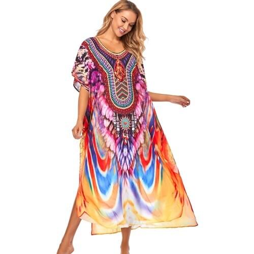 Women Beach Maxi Dress 2021 Robe Plage Print Beach Sarong Pareo Vestidos de Playa Cover- ups Kaftan Swimsuit Cover up Beachwear