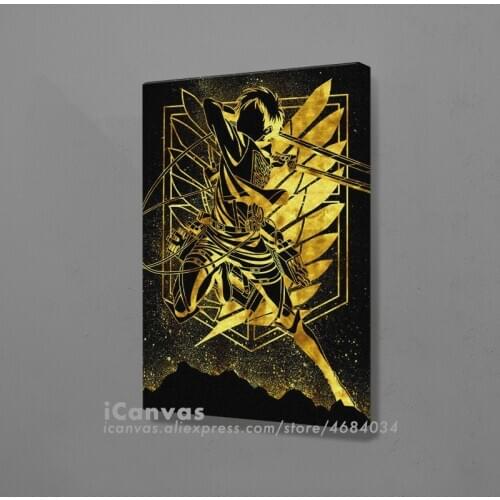 Golden Design Eren Attact on Titan Poster Framed Wooden Canvas Wall Art Decoration Prints for Living Home Frame Decor Painting