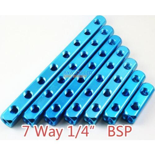 1 Pieces 7 Way 1/4" BSP 10 Ports Pneumatic Aluminum Manifold Block Splitter
