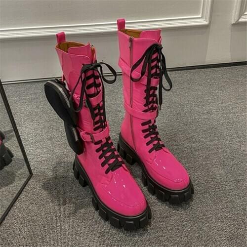 PXELENA 34-43 Designer 2020 Patent Leather Motorcycle Boots With Bag Chunky Platform Pocket Military Combat Gothic Punk Boots