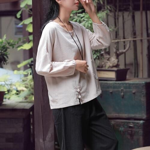 4 Colors female spring cotton linen round neck splicing buckle shirt undershirt women retro long sleeve loose short t-shirt tops