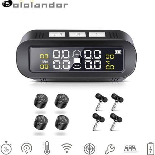 Wireless Solar TPMS Car Tire Pressure Monitoring System Display Smart Temperature Warning External/Internal 4 Sensors tpms