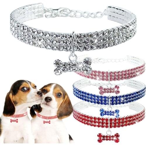 Bling Rhinestone Dog Collar Diamante Jeweled Pendant Bone For Dog Necklace Puppy Accessories Pet Collar Supplies All Seasons