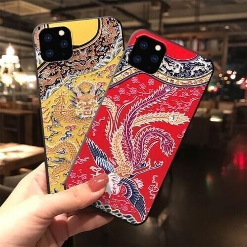 Chinese Style 3D Emboss Phone Case for iPhone X XS XR 11 12 Pro Max Soft TPU Back Cover for iPhone 6 7 8 Plus Capa Ladies Coque