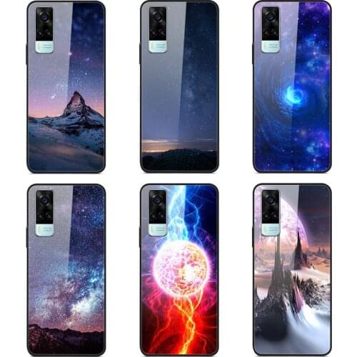 Case VIVO Y31 2021 Phone Case Back Cover Black Silicone Bumper With Tempered Glass Star Sky Pattern