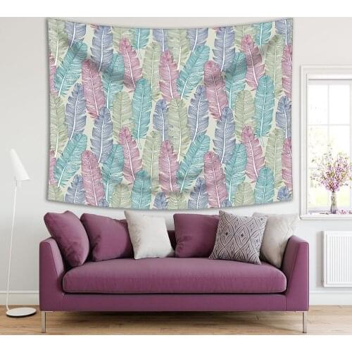Tapestry Feathers Pattern Wild Nature Birds Stylish Decorative Creative Illustration Pink Blue Green