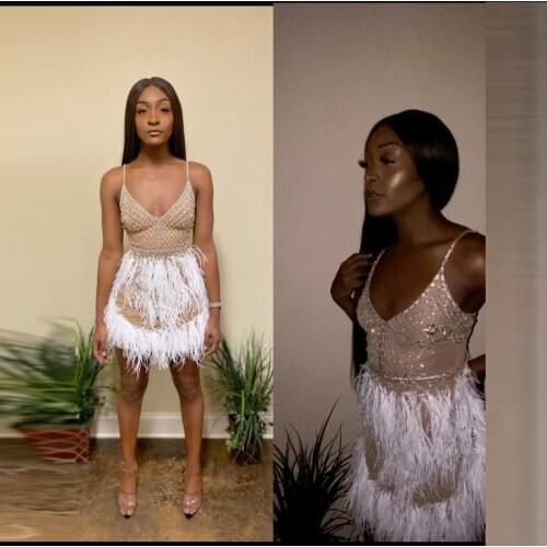 Sparkling Crystal Cocktail Dresses With Straps Mini Length Straight Women Feathers Short Prom Dress Sexy Beaded Party Gown