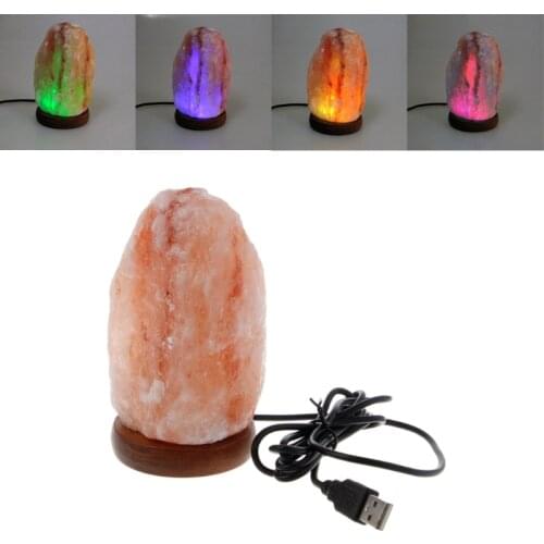 Natural Shape Hand Carved USB Wooden Base Himalayan Crystal Rock Salt Lamp Air Purifier Night Light