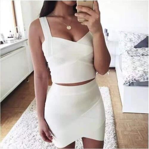 Hot Sale Autumn New Sexy Two Piece Set Bodycon Bandage Women Mini Dress & V Neck Short Tank Top