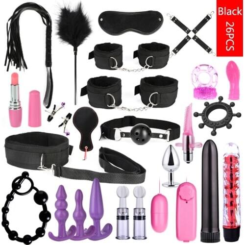 26PCS Bondage Set Sex Toys For Adults Women Men Porno Sex Handcuffs Nipple Clamps Whip Mouth Gag Rope Dildo Vibrator Erotic Toys